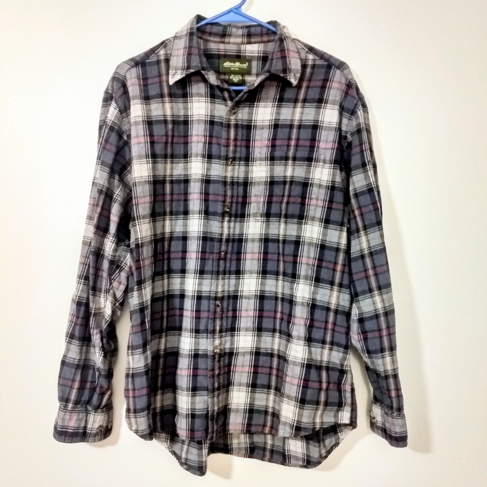 Eddie Bauer Men's Gray/Blue Button-Up Plaid Shirt
